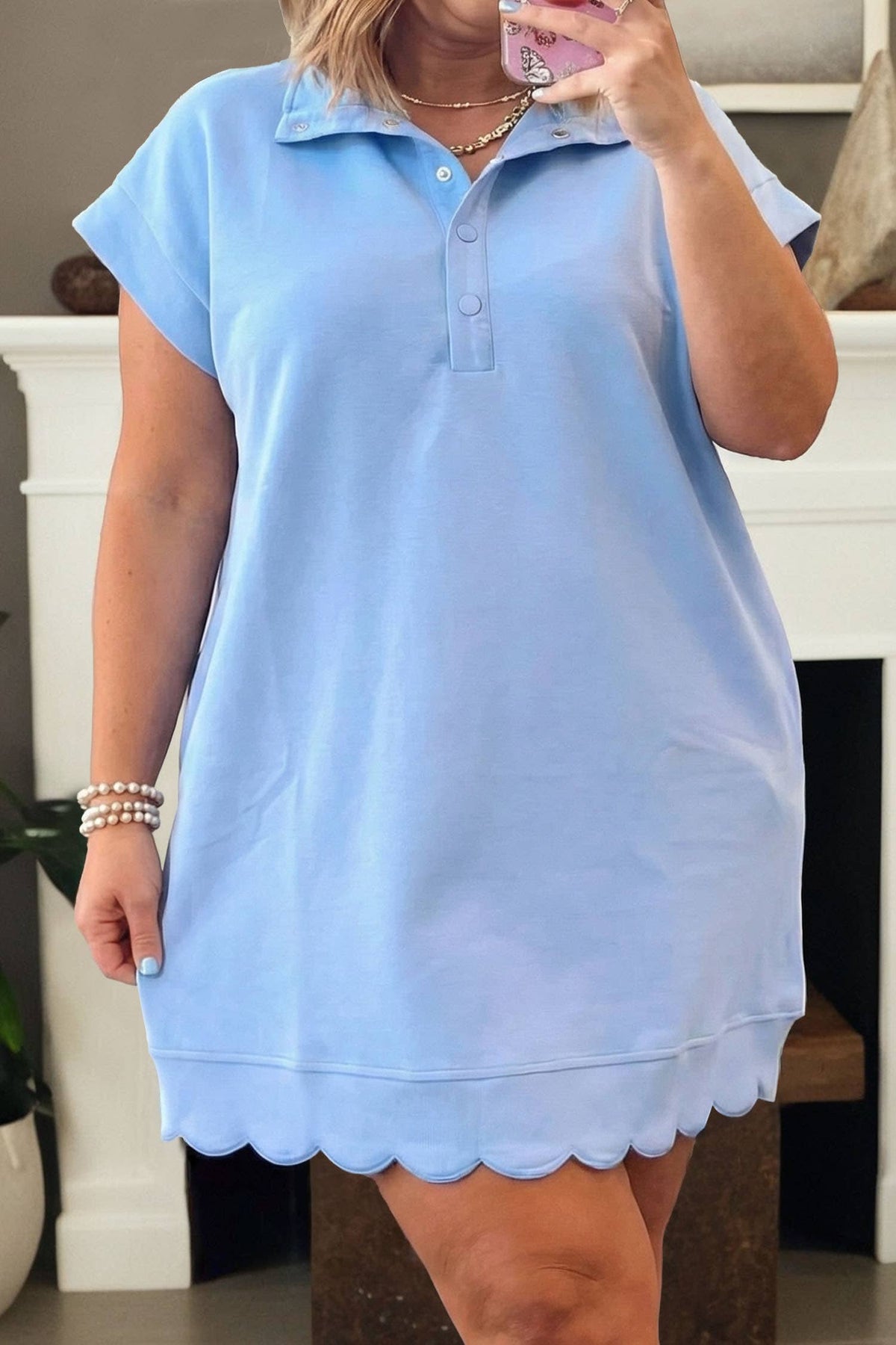 Plus Size  Polo Collar Short Sleeve Scallop Hem Mini Dress