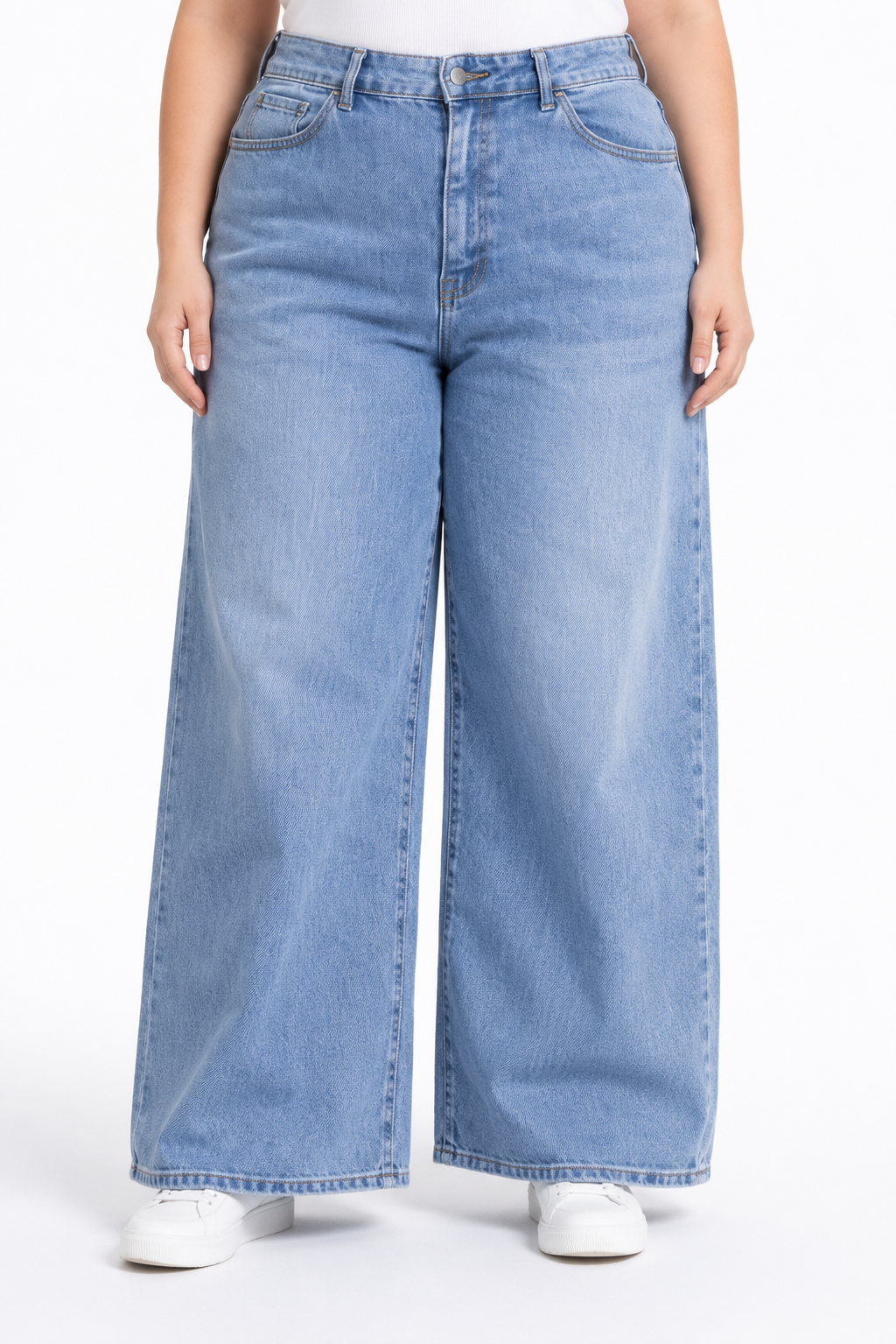 Plus-size high-waist denim pants pocket baggy jeans wide leg