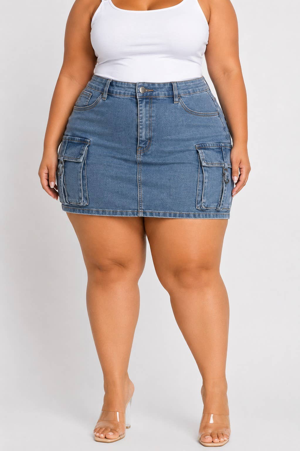 Plus-size cargo mini short skirts, denim pockets, stretch
