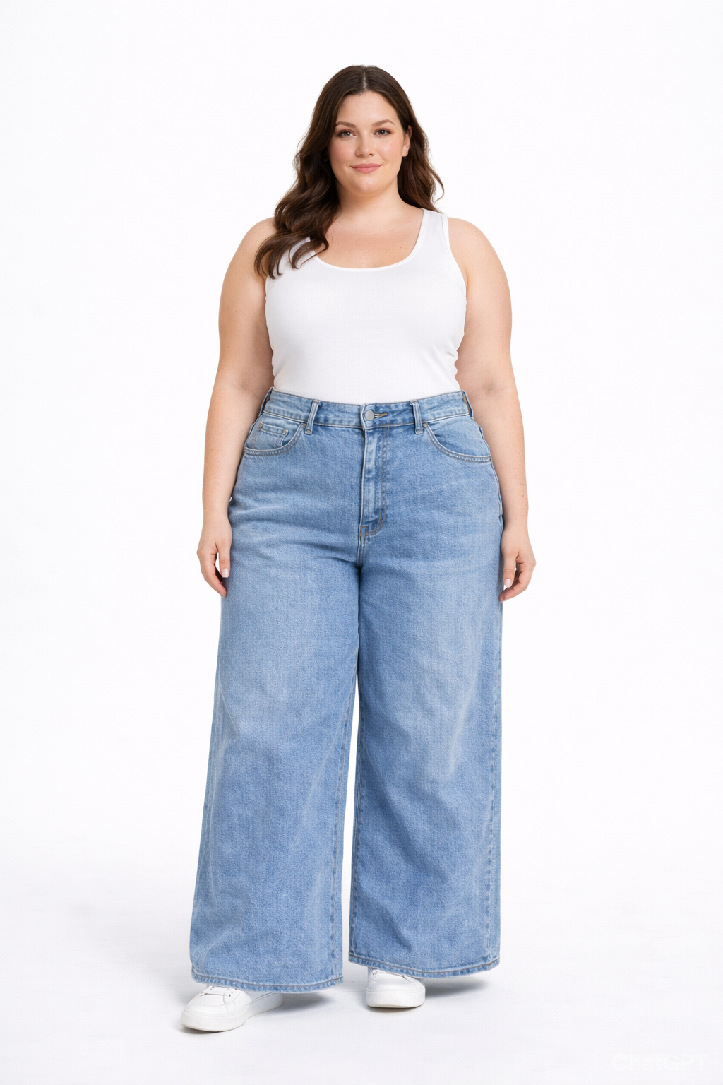 Plus-size high-waist denim pants pocket baggy jeans wide leg