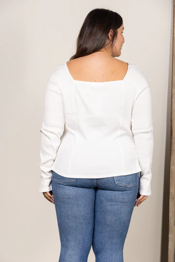 WHITE SQUARE NECK RIBBED KNIT LONG SLEEVES PLUS SIZE TOP PTJ