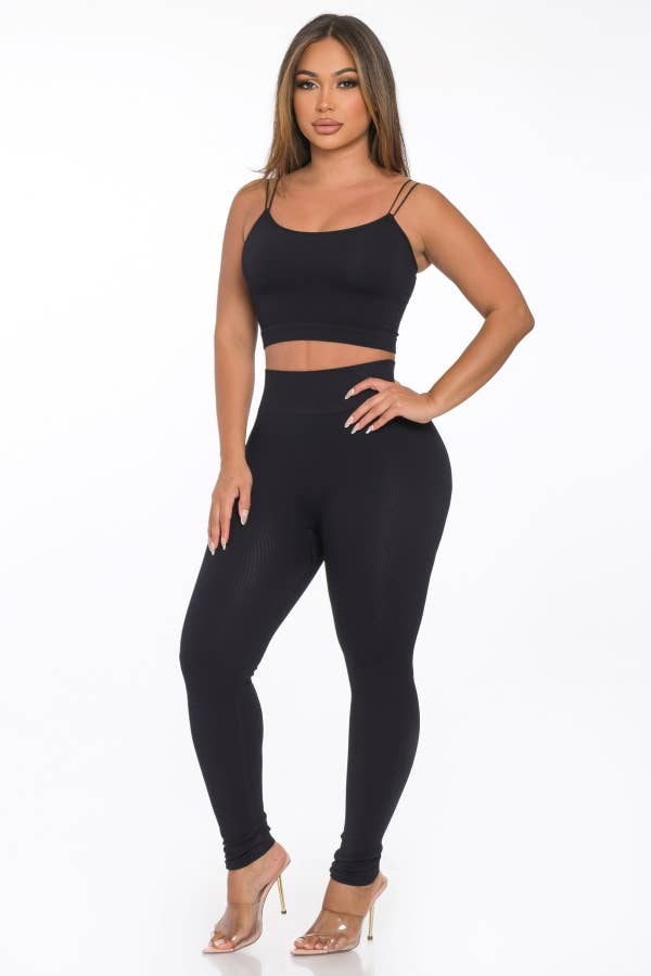 2 Pcs Seamless Double Spaghetti Strap Top and Legging Set