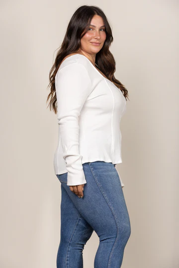 WHITE SQUARE NECK RIBBED KNIT LONG SLEEVES PLUS SIZE TOP PTJ