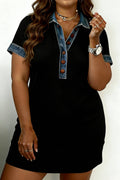 Plus Size Knit Denim Contrast Trim Patchwork Dress