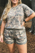 Plus Size High Waist Camouflage Short Set