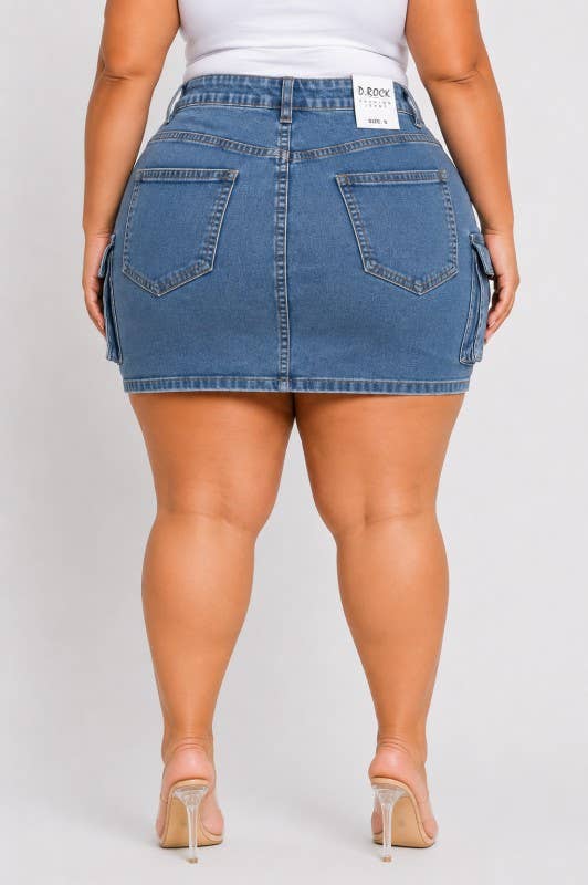 Plus-size cargo mini short skirts, denim pockets, stretch