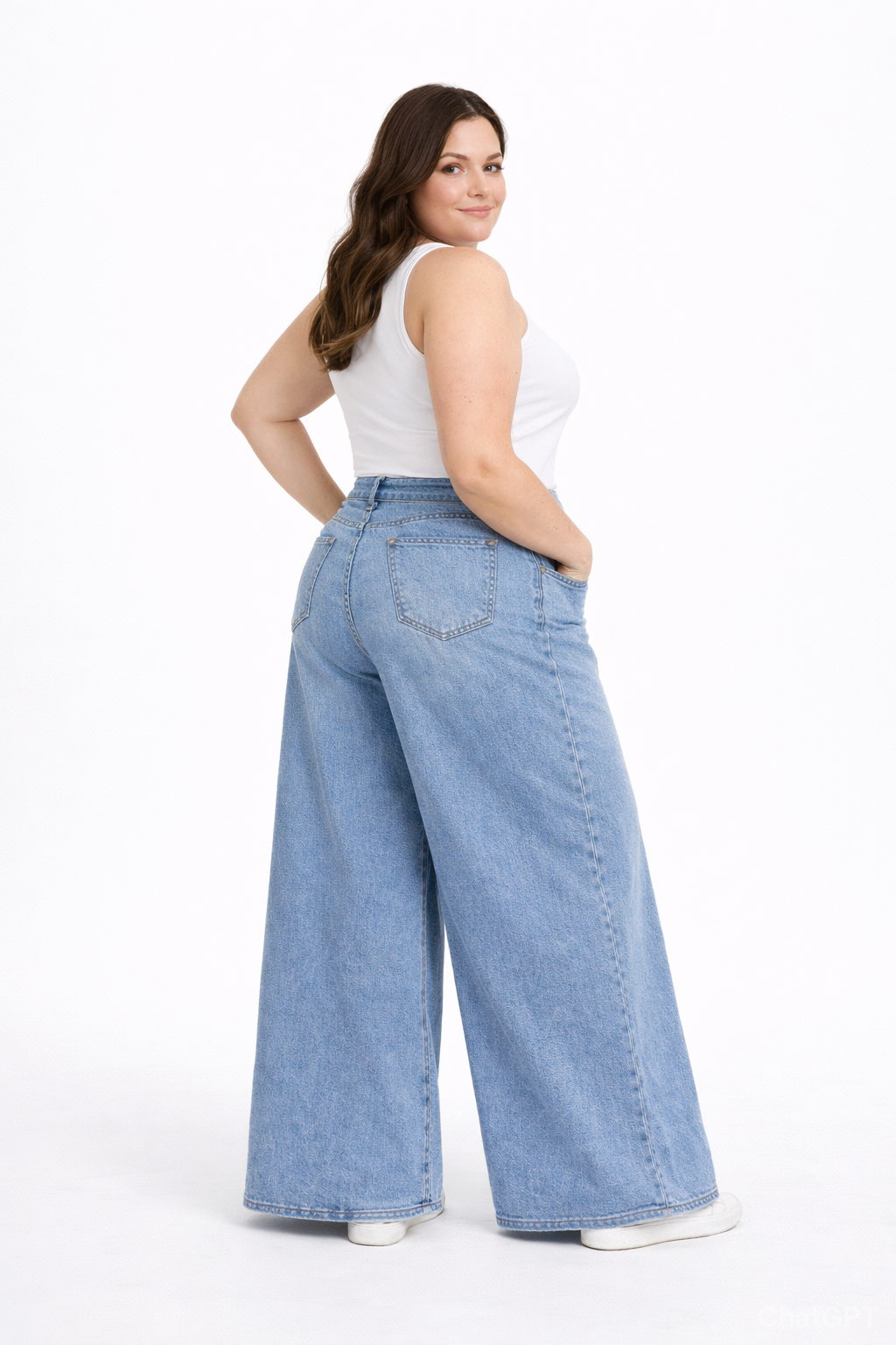 Plus-size high-waist denim pants pocket baggy jeans wide leg