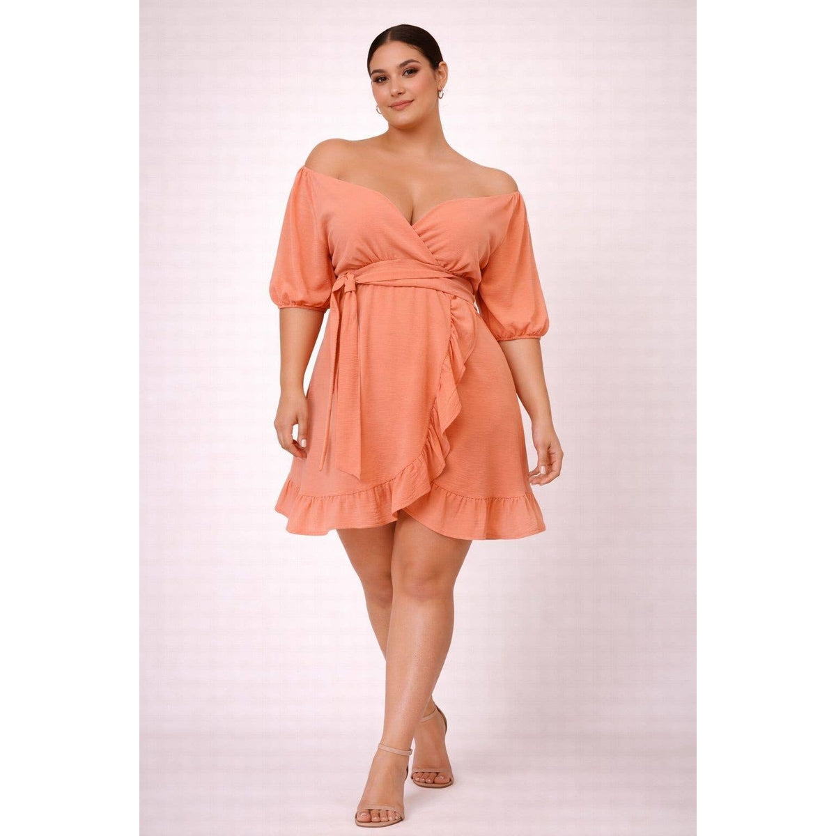 PLUS SIZE SURPLICE OFF SHOULDER RUFFLE TRIM MINI DRESS