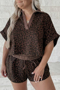 Plus Size Collar Patchwork Leopard Printed 2pcs Short Set