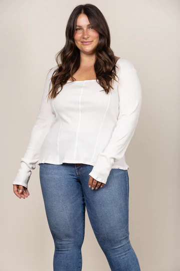 WHITE SQUARE NECK RIBBED KNIT LONG SLEEVES PLUS SIZE TOP PTJ