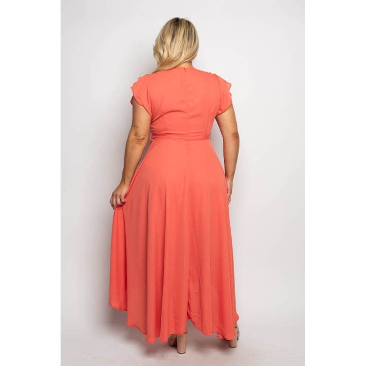 PLUS SIZE SURPLICE WRAP RUFFLE SLEEVE MIDI DRESS